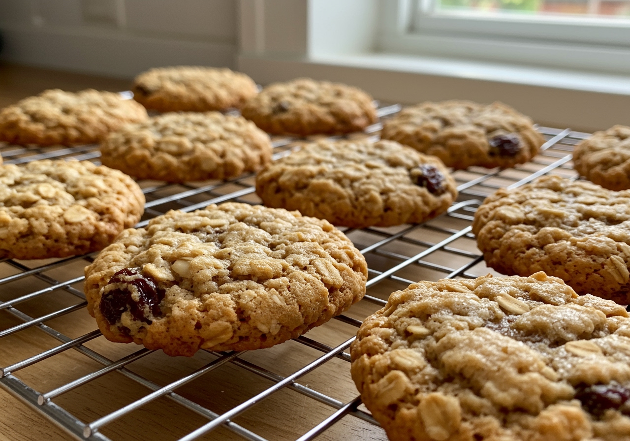 A close-up shot of soft, chewy oatmeal raisin cookies on a cooling rack, with a golden brown color and visible oats and plump raisins. Natural light, inviting.