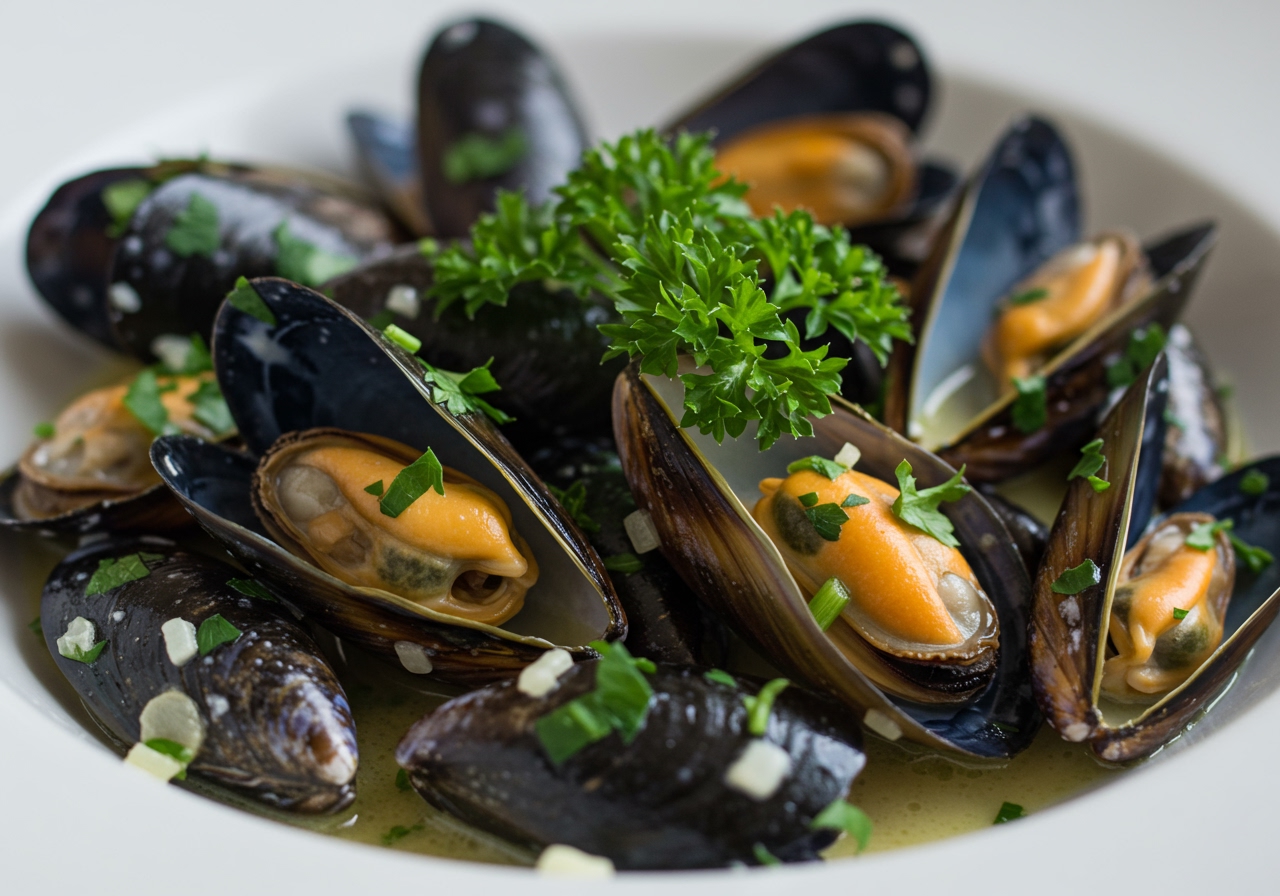 A close-up shot of steamed mussels in a creamy garlic sauce, with fresh parsley garnish.