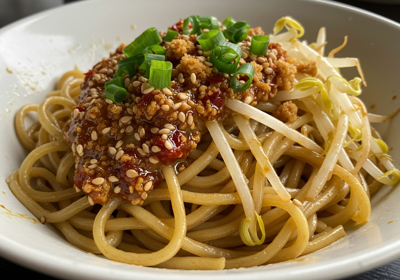 A close-up shot of Taiwanese Liang Mian with rich sesame sauce and colourful toppings