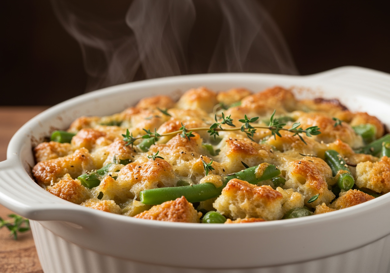 A close-up shot of the baked French green bean stuffing in a serving dish, golden brown on top, with steam gently rising, garnished with fresh thyme sprigs.