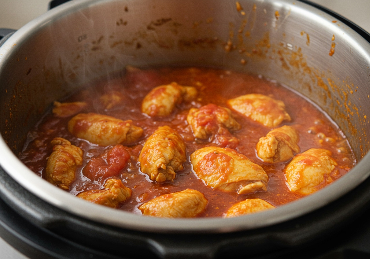 A close-up shot of the chicken and tomato stew bubbling gently in an open pressure cooker after pressure release, showing tender chicken pieces and rich tomato sauce.