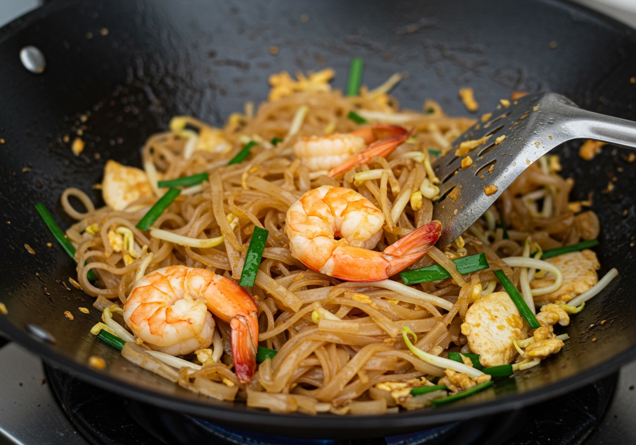 A close-up shot of the cooked Pad Thai in a wok, showing the texture of the noodles and the vibrant colors of the ingredients like shrimp and chives, being stirred with a cooking utensil.