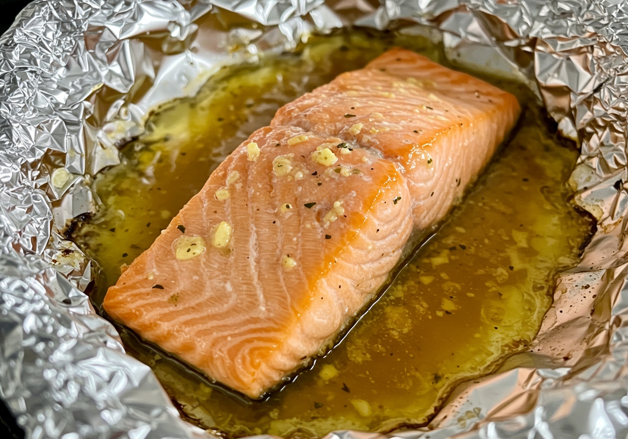 A close-up shot of the cooked salmon fillet inside the foil, showing the texture of the fish and the melted butter and sauce.