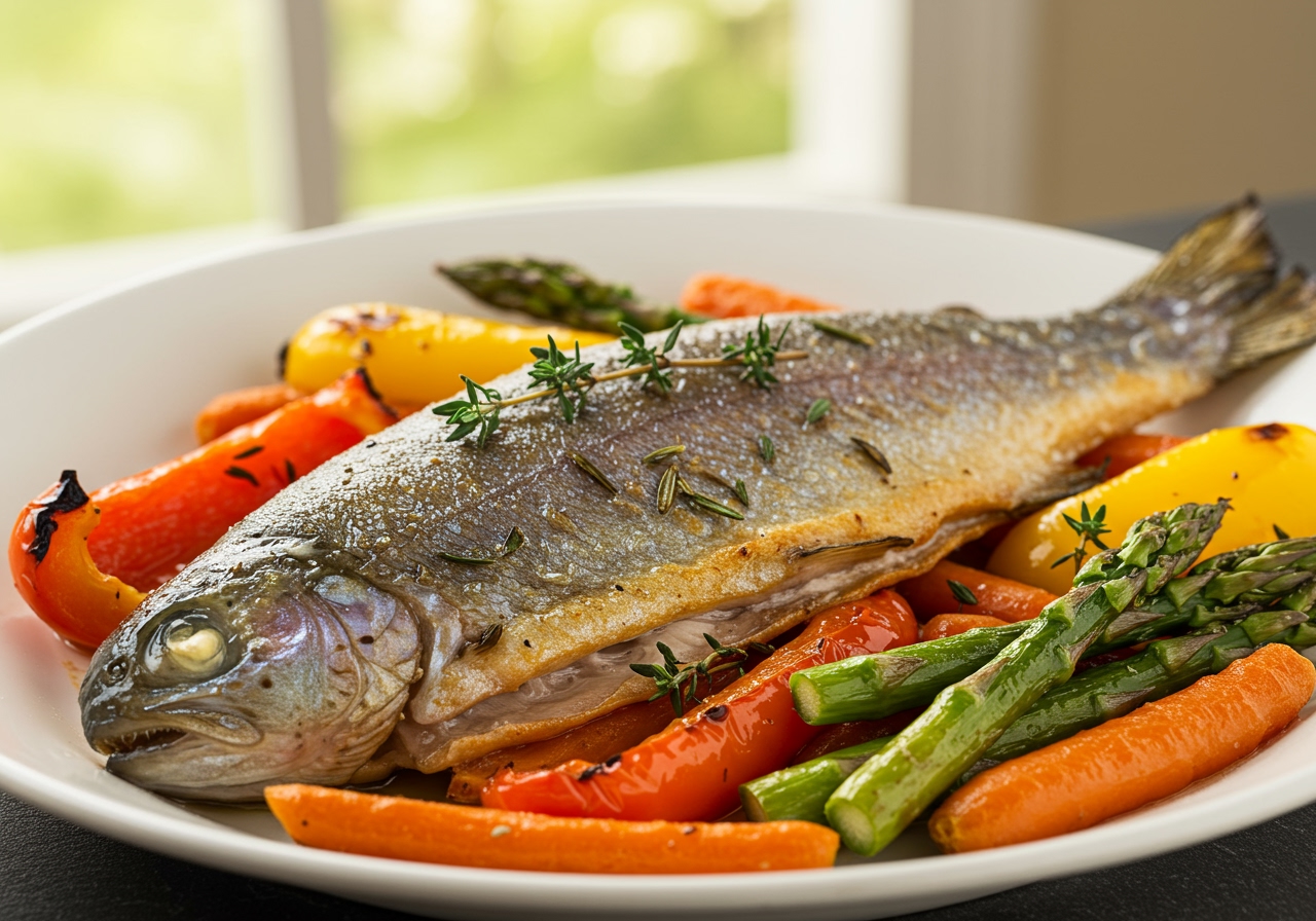 A close-up shot of the cooked trout fillet with perfectly roasted vegetables and herbs.