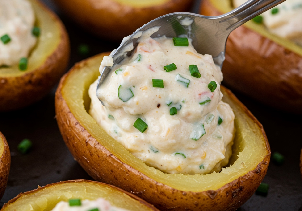 A close-up shot of the creamy, flavorful filling being scooped into a hollowed-out smoked potato half. Ingredients like chopped chives, low-fat cheese, and spices are visible in the filling.