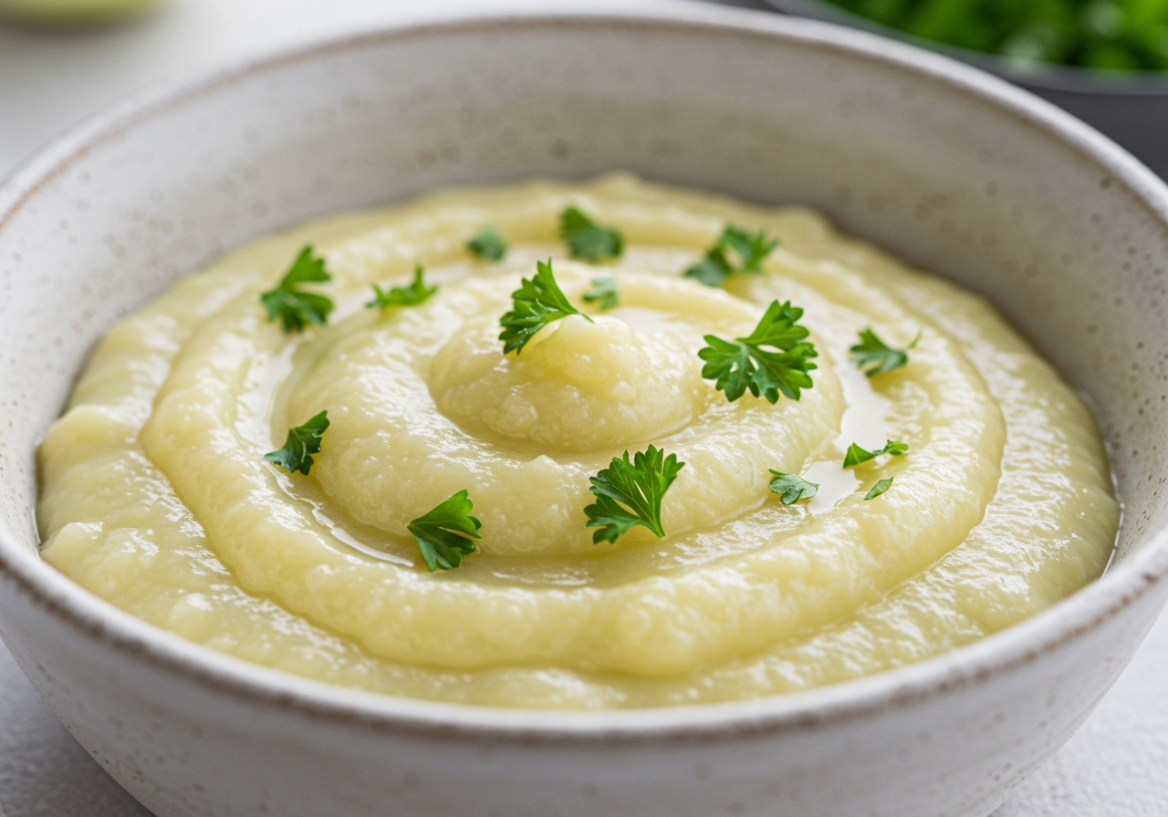 A close-up shot of the creamy kohlrabi dish in a bowl, garnished with fresh parsley