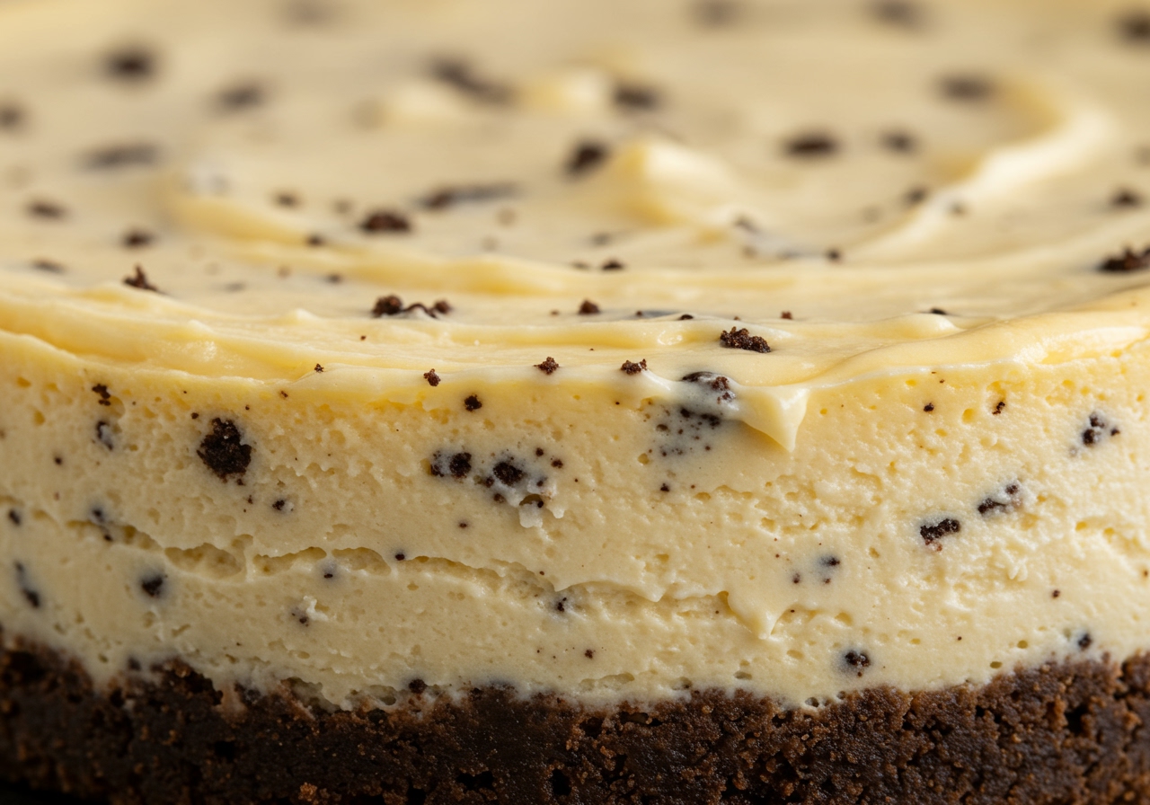 A close-up shot of the creamy texture of a healthy Philadelphia cheesecake filling, with flecks of dark cookie crumbs visible.