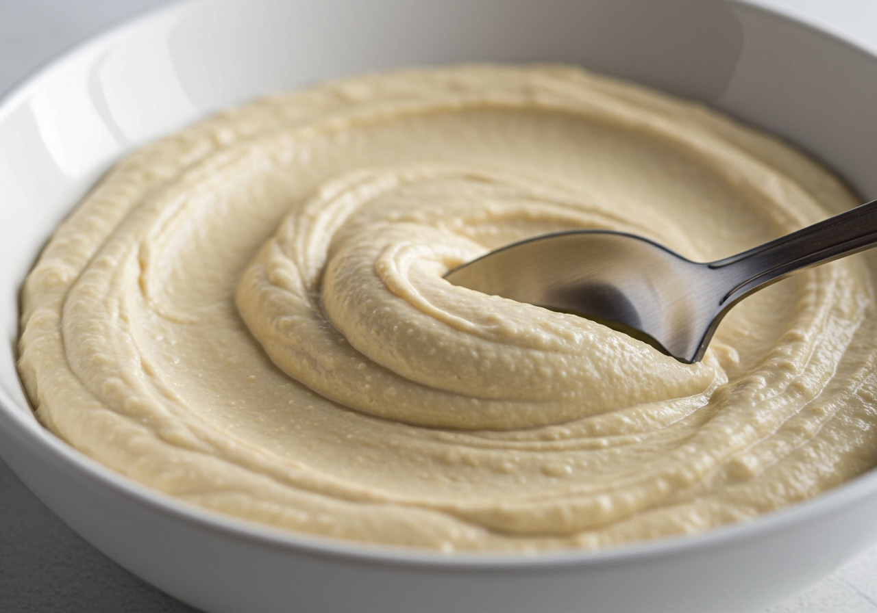 A close-up shot of the creamy texture of homemade hummus in a bowl, showing the smooth consistency, with a spoon scooping a portion.