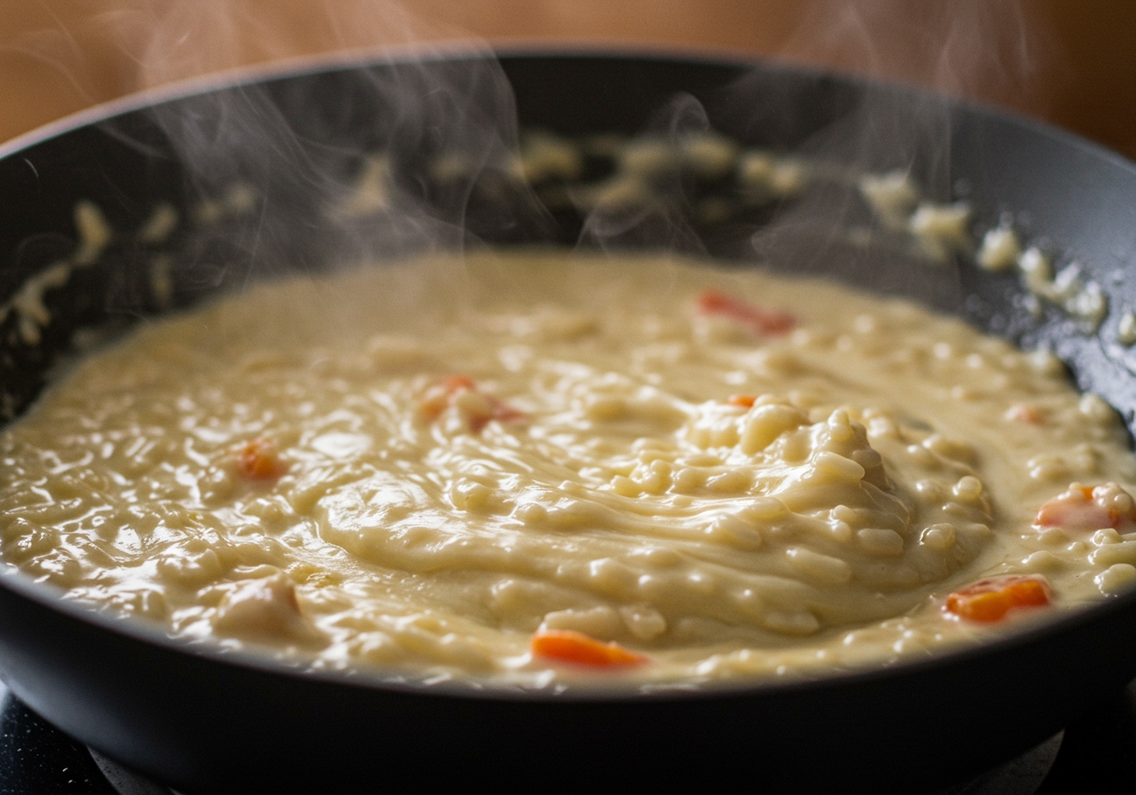 A close-up shot of the creamy texture of the keto risotto being stirred in a pan, showcasing the melted cheese and vegetables.