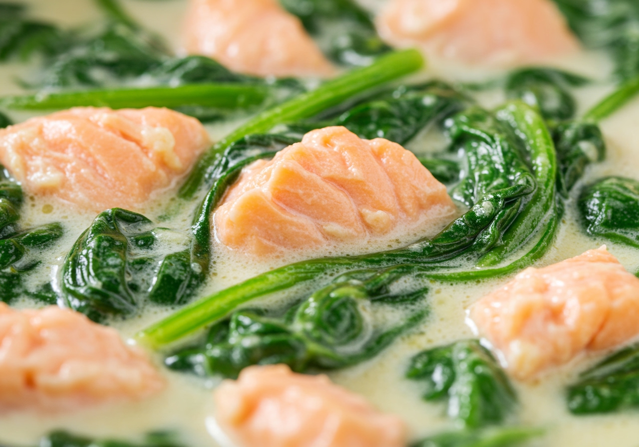 A close-up shot of the creamy texture of the salmon and spinach stew, showing pieces of salmon and spinach.