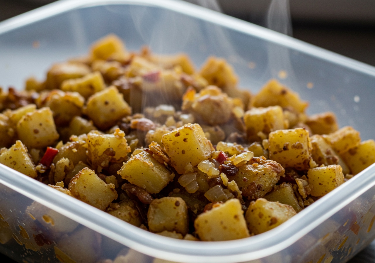 A close-up shot of the crispy, golden-brown texture of the hash, with steam gently rising from a portion in a meal prep container.