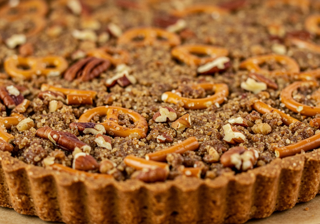 A close-up shot of the crunchy pretzel crust layer of a healthy pretzel tart, showing the texture of crushed pretzels and nuts.
