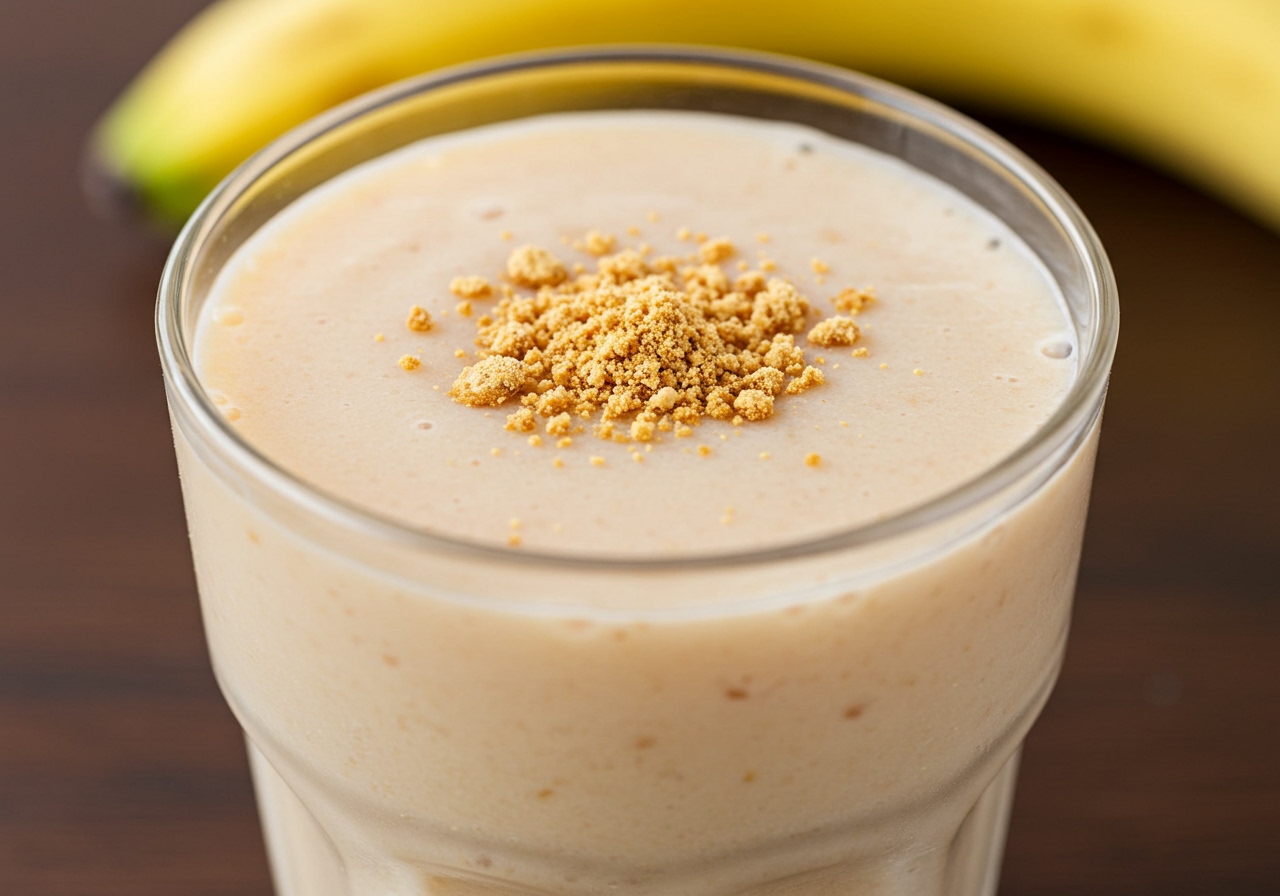 A close-up shot of the finished banana and kinako soy milk smoothie in a clear glass, with a sprinkle of extra kinako on top. The texture should look smooth and inviting.