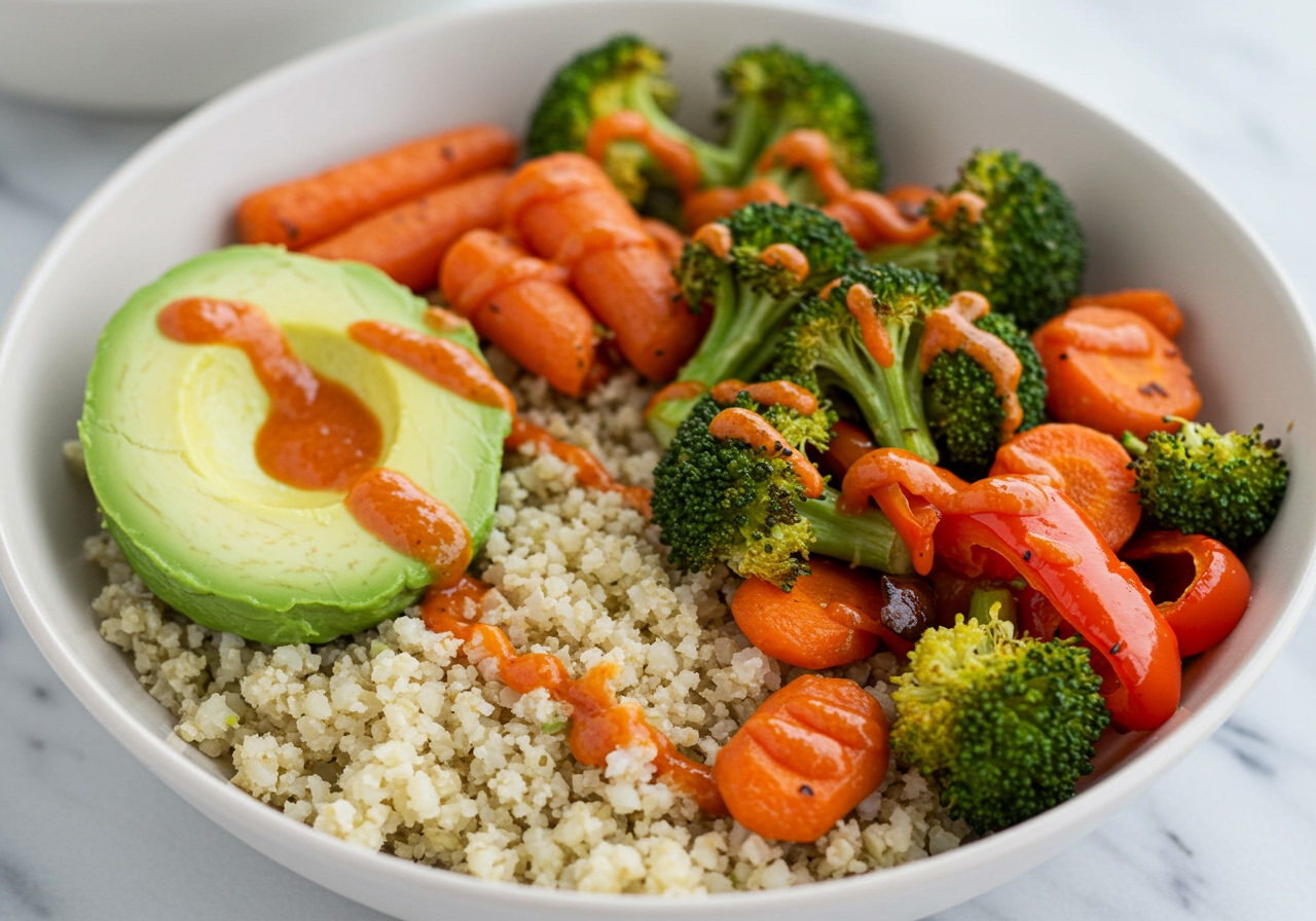 A close-up shot of the finished Buddha bowl with cauliflower rice, showing the textures of the roasted vegetables, creamy avocado, and a drizzle of dressing.