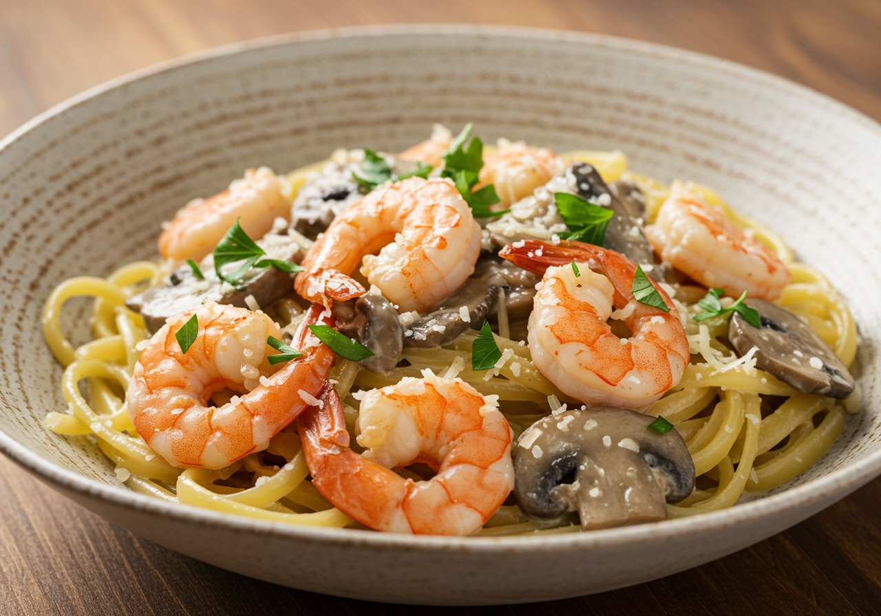 A close-up shot of the finished creamy shrimp and mushroom pasta served in a bowl, garnished with fresh parsley and grated parmesan cheese.