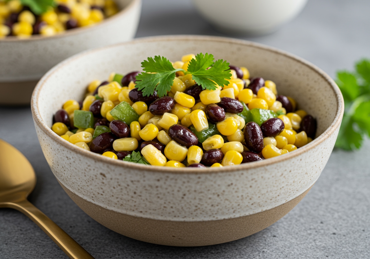 A close-up shot of the finished healthy corn and black bean salad, perfectly dressed and garnished with fresh cilantro, served in a stylish ceramic bowl, ready to be eaten.