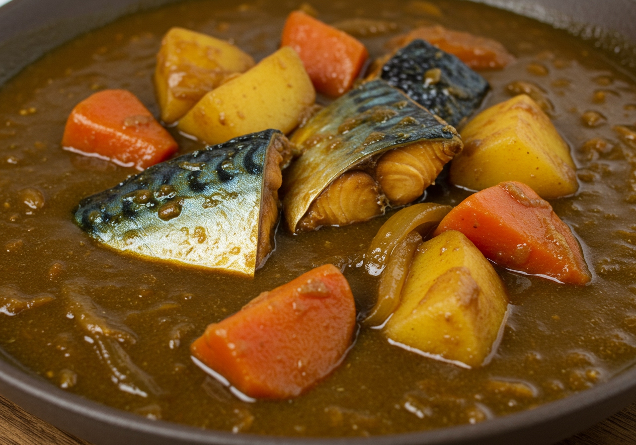 A close-up shot of the finished Japanese-style mackerel curry, showing the texture of the sauce, chunks of mackerel, and visible vegetables.