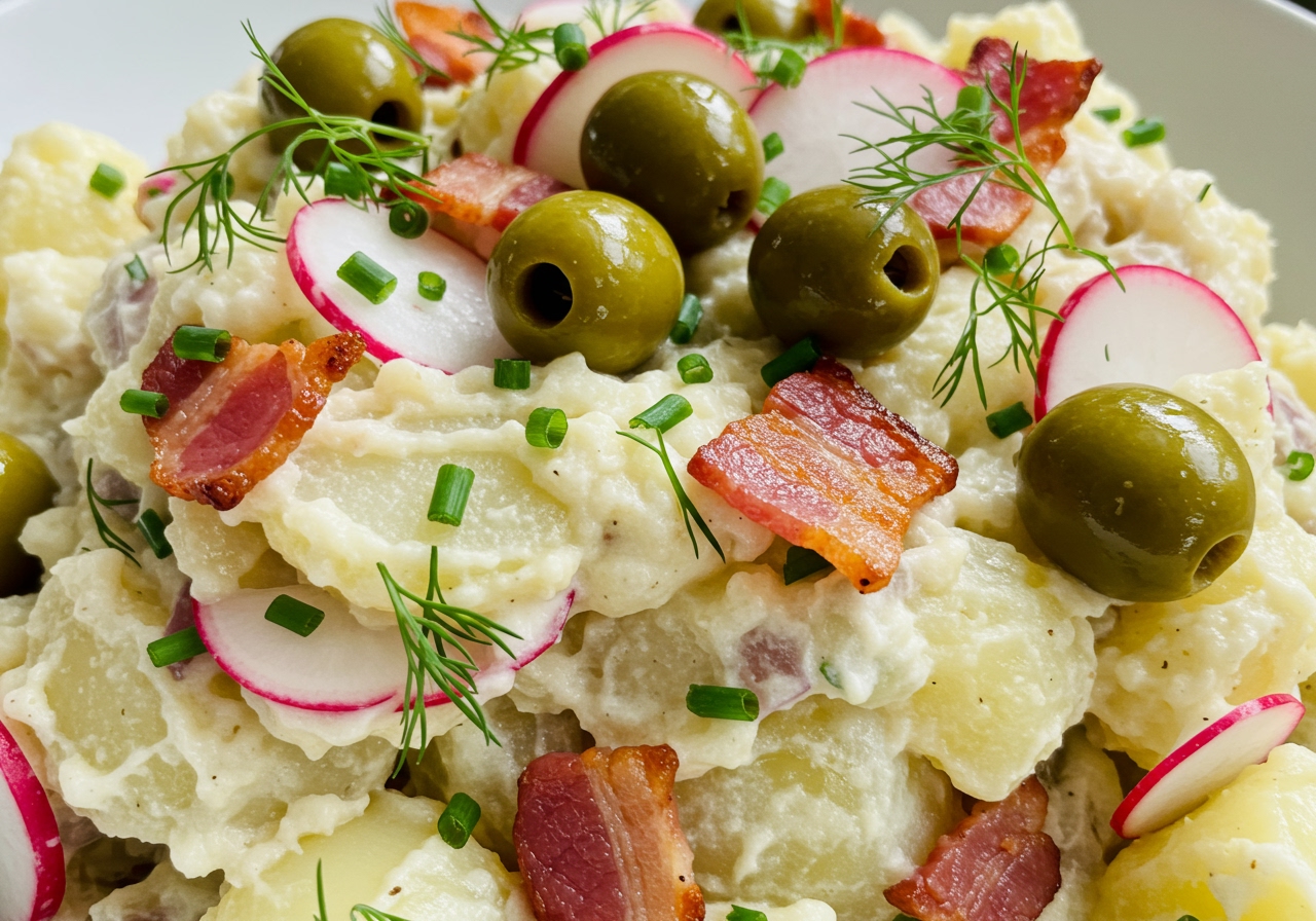 A close-up shot of the finished potato salad, showing the texture of the mashed potato, crispy bacon, shiny olives, and bright red radishes. Garnished with fresh herbs.
