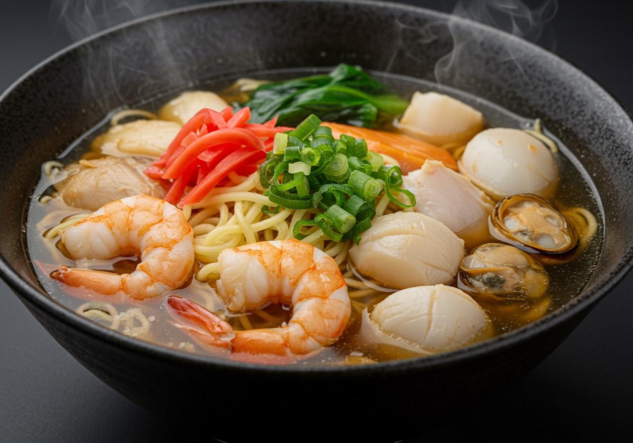 A close-up shot of the finished seafood ramen bowl, showing the rich broth, noodles, and various colorful seafood and vegetable toppings.