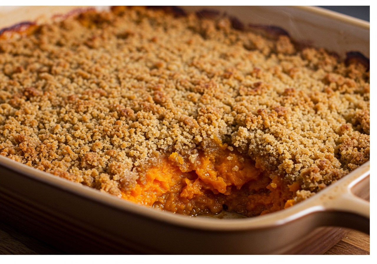 A close-up shot of the finished vegan sweet potato casserole with a golden brown crumb topping