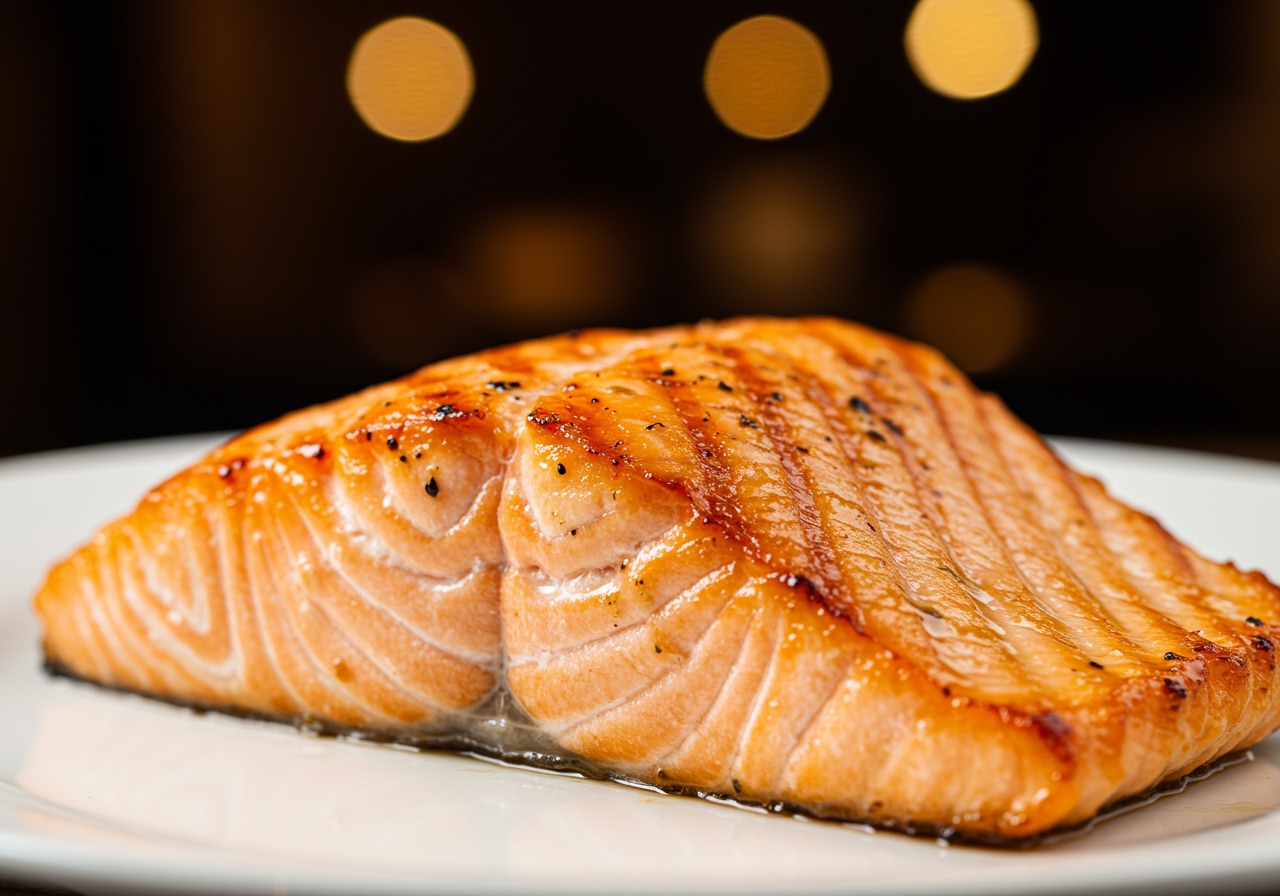 A close-up shot of the flaky, cooked salmon fillet, showing its moist texture.