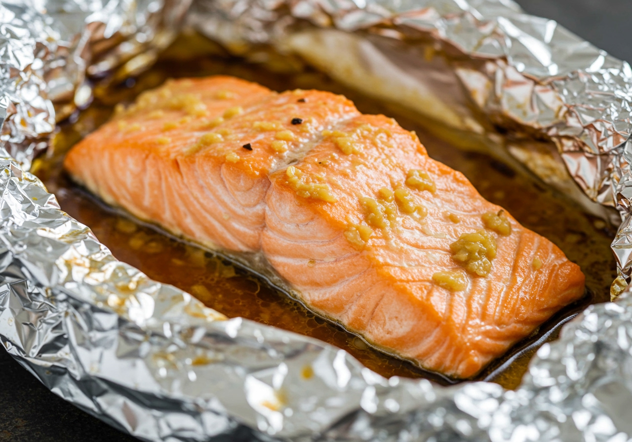 A close-up shot of the flaky cooked salmon inside the foil pouch, showing the texture and the glossy miso butter sauce.