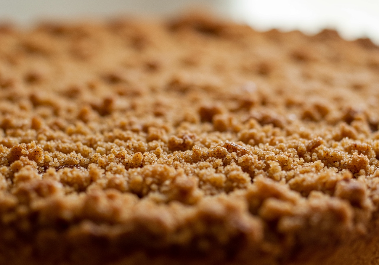 A close-up shot of the golden-brown, textured crumble topping of an apple pie, with visible oats and cinnamon, showing its crispy texture.
