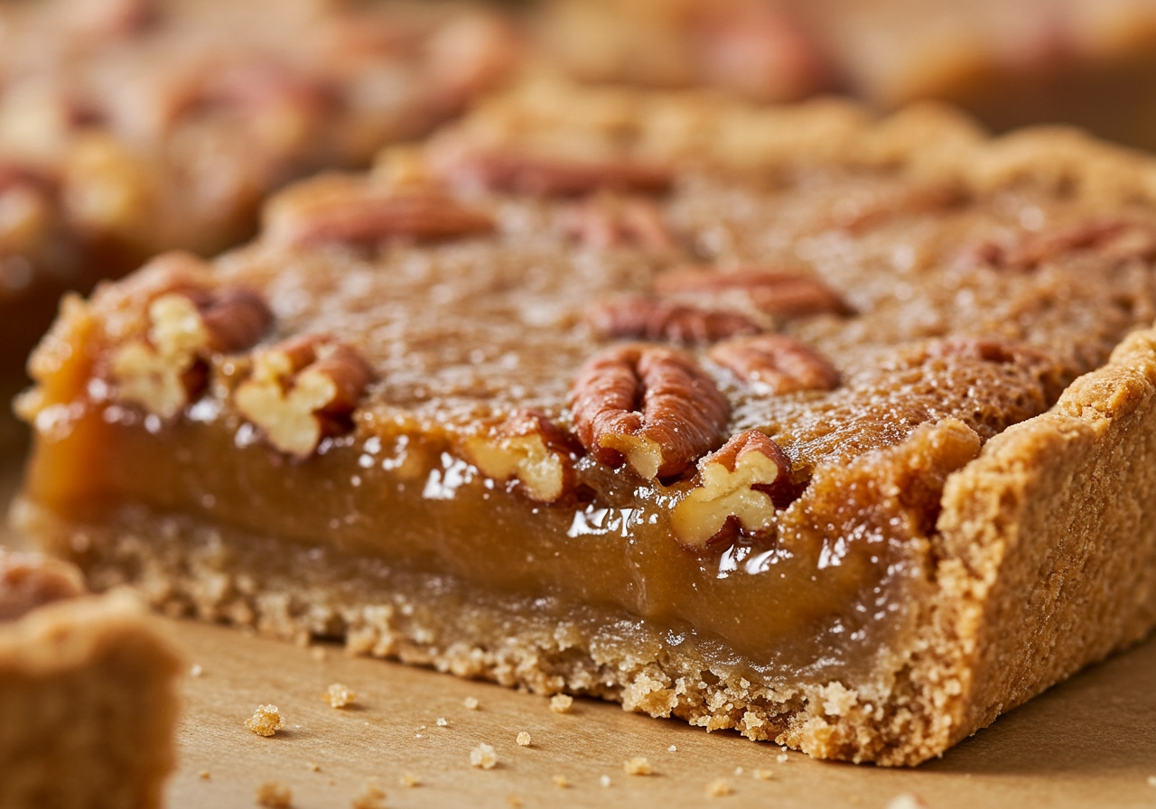 A close-up shot of the gooey, caramel-like filling of a healthy butter tart square, with visible chopped pecans. The light catches the shiny surface of the filling, and the edge of the golden-brown whole wheat crust is visible. The focus is on the rich texture and inviting warmth of the dessert.