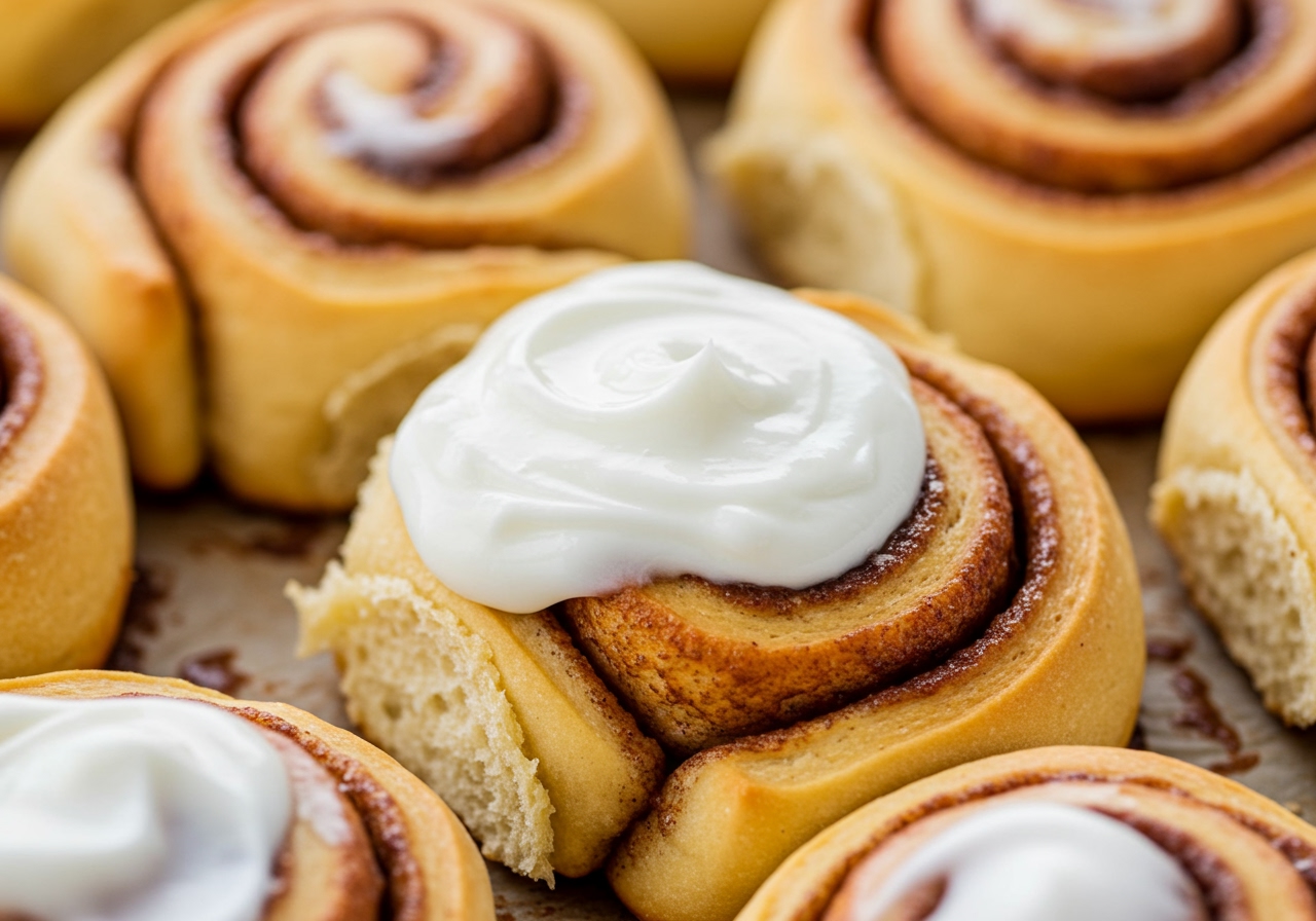 A close-up shot of the healthy cinnamon rolls after being baked, golden brown and perfectly swirled, with a generous amount of light Greek yogurt-based frosting generously spread on top. The background is slightly blurred.