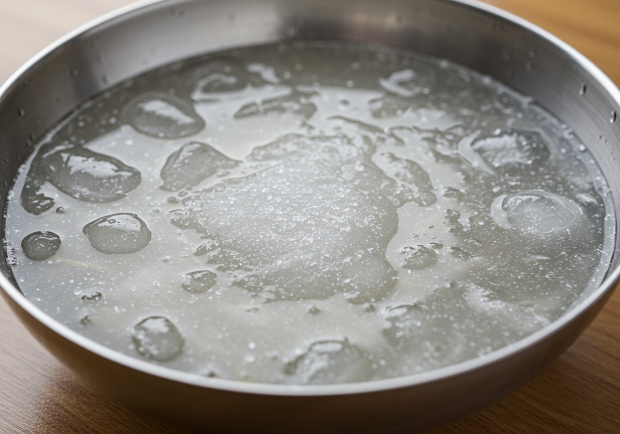A close-up shot of the icy, slightly frozen surface of authentic Mul Naengmyeon broth in a metal bowl.