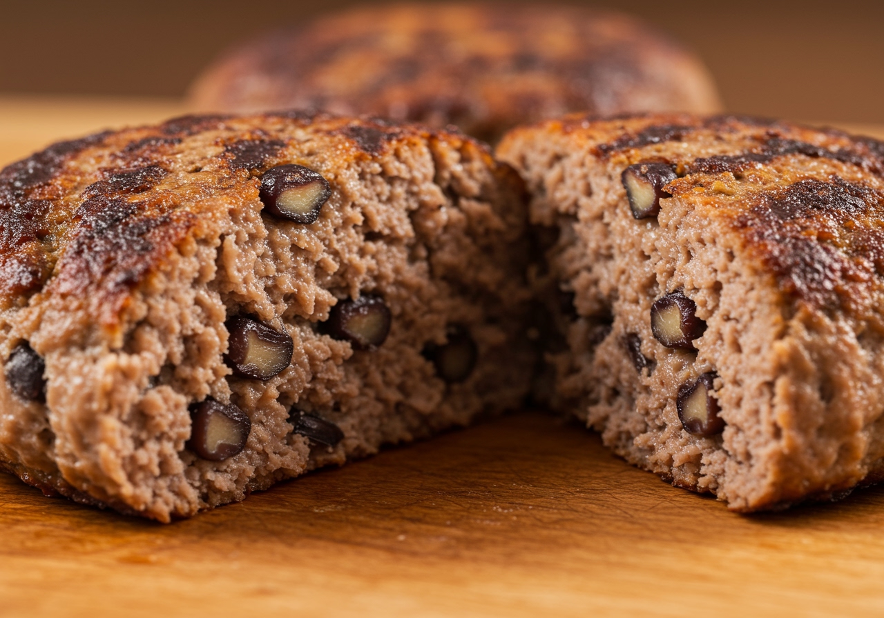 A close-up shot of the inside of the cooked turkey black bean burger patty, showing the texture and visible black beans.