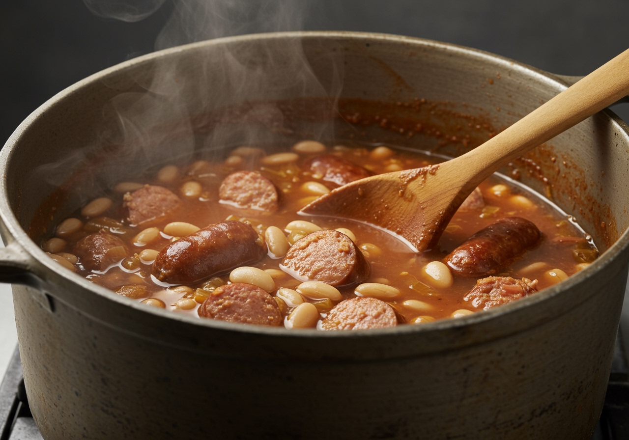 A close-up shot of the Italian sausage and bean soup simmering gently in a large pot, steam rising, with a wooden spoon stirring it.