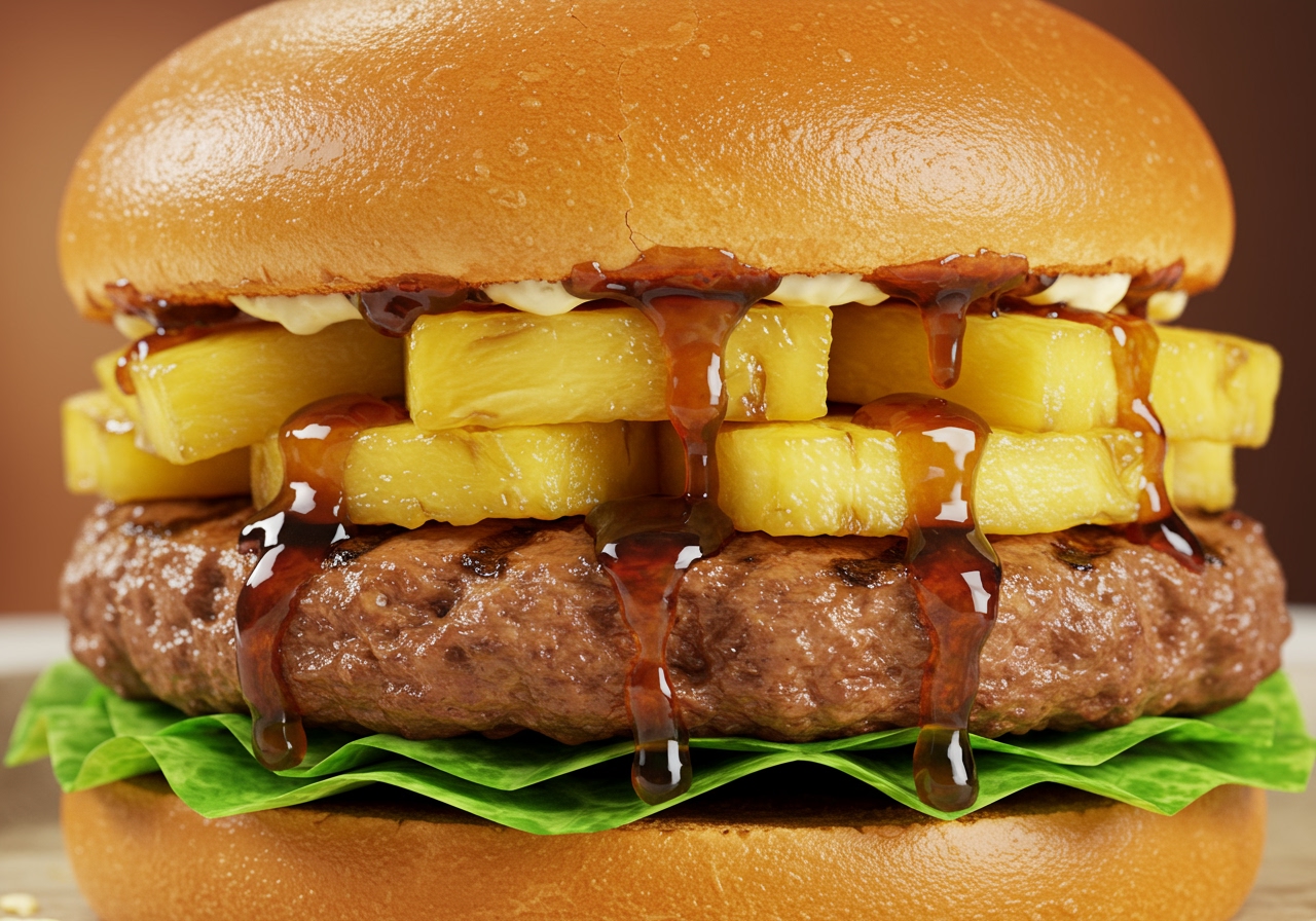 A close-up shot of the layers within a Pineapple Teriyaki Chicken Burger, showing the chicken, pineapple, lettuce, and sauce.
