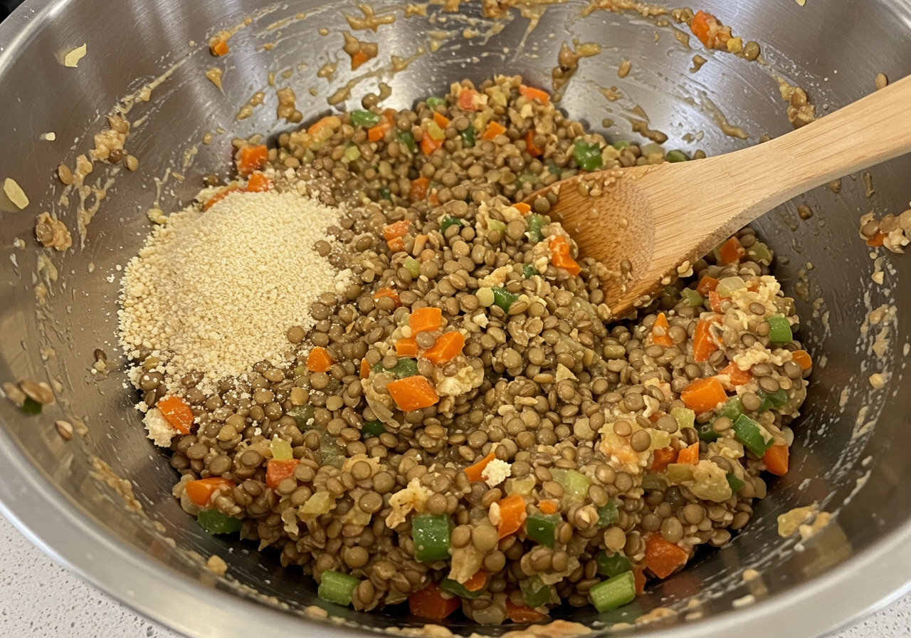 A close-up shot of the mixture for the lentil meatloaf in a large bowl, showing the texture of mashed lentils, sauteed vegetables, and breadcrumbs being mixed together with a wooden spoon.