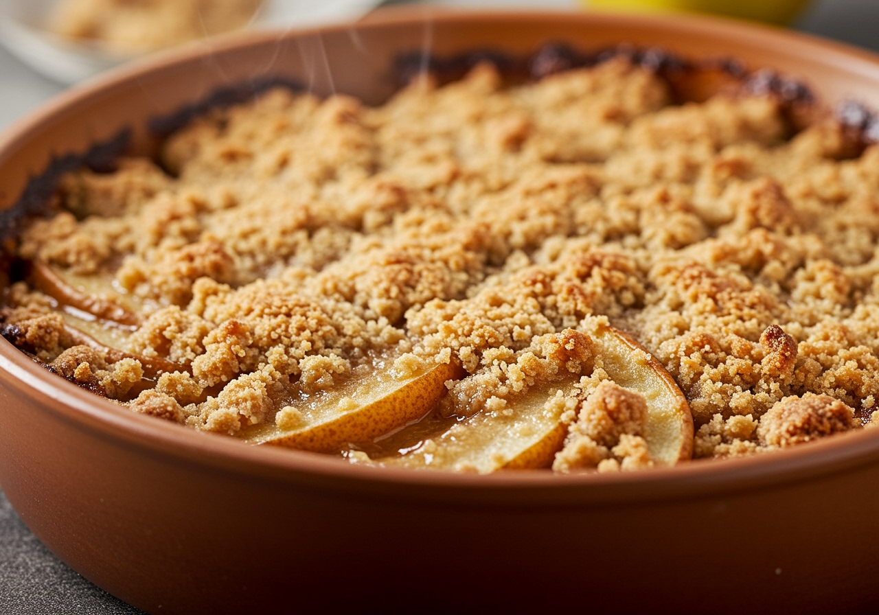A close-up shot of the pear crisp with its golden-brown, crumbly topping, fresh out of the oven, steam gently rising.