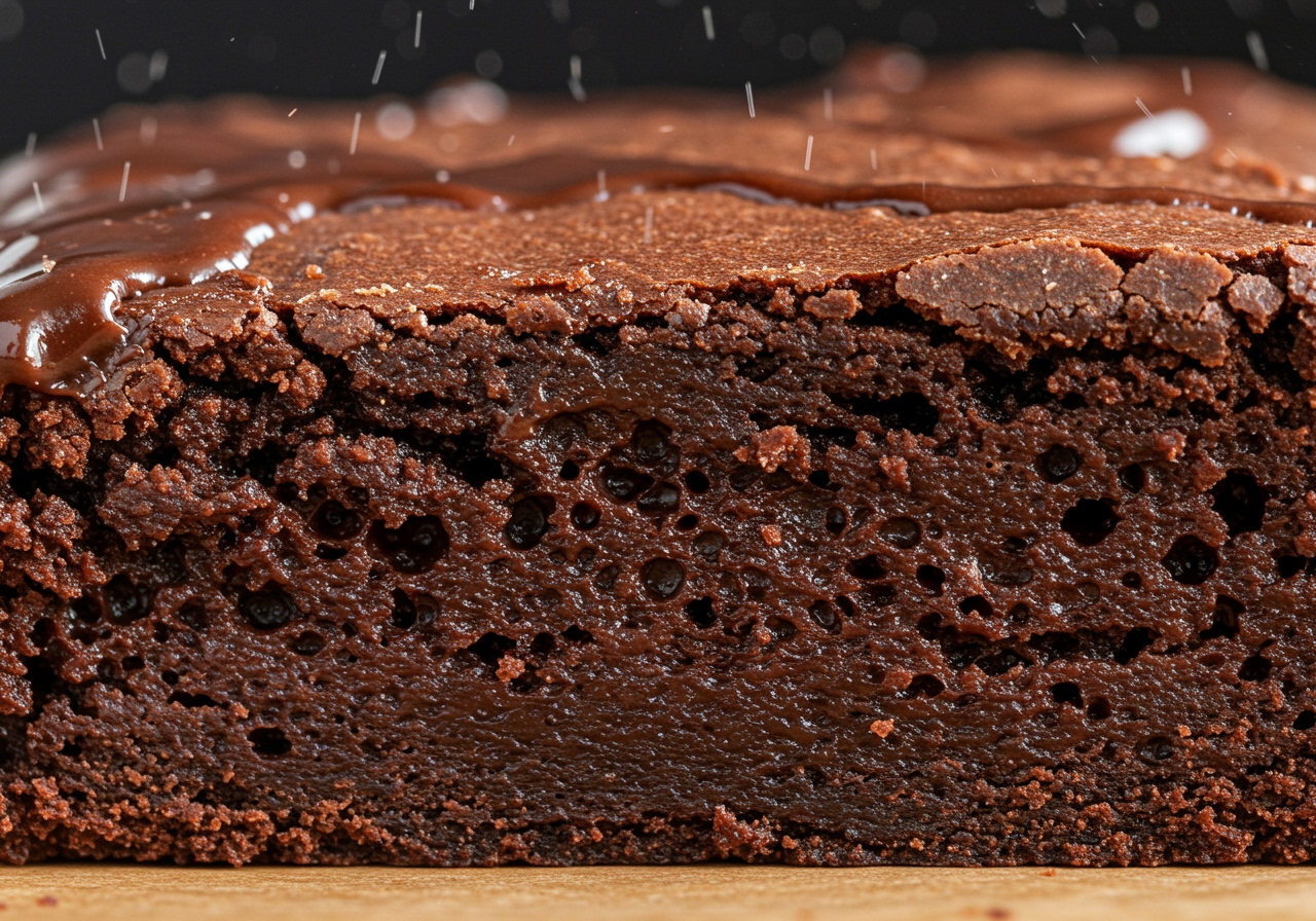 A close-up shot of the rich, fudgy interior of a slice of chocolate Kahlua brownie, showing its texture.