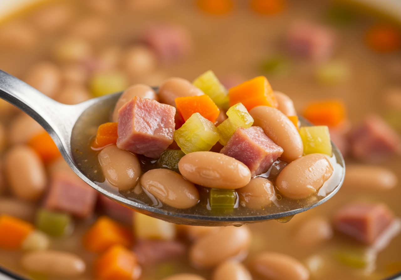 A close-up shot of the rich texture of the soup in a spoon, showing beans, ham, and vegetables.