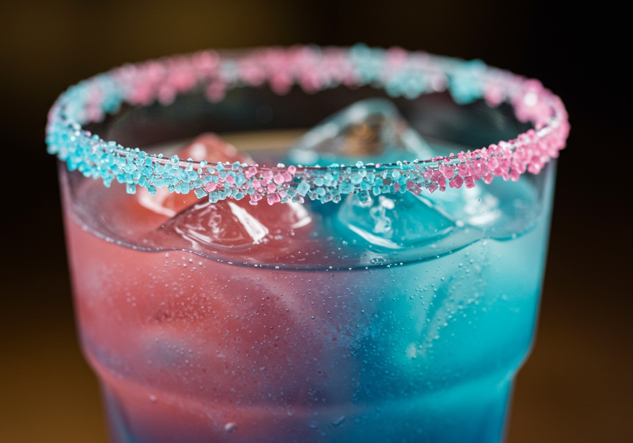 A close-up shot of the rim of a cocktail glass decorated with colorful sugar or salt, with a blurred frozen cocktail visible inside.