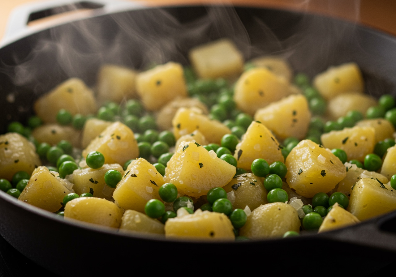 A close-up shot of the savory potato and pea filling mixture in a pan, with steam gently rising.