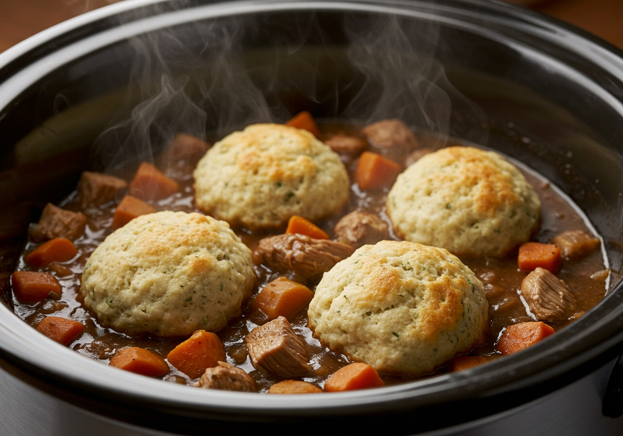 A close-up shot of the slow cooker interior, bubbling with turkey stew, with healthy homemade dumplings gently placed on top, steam rising.