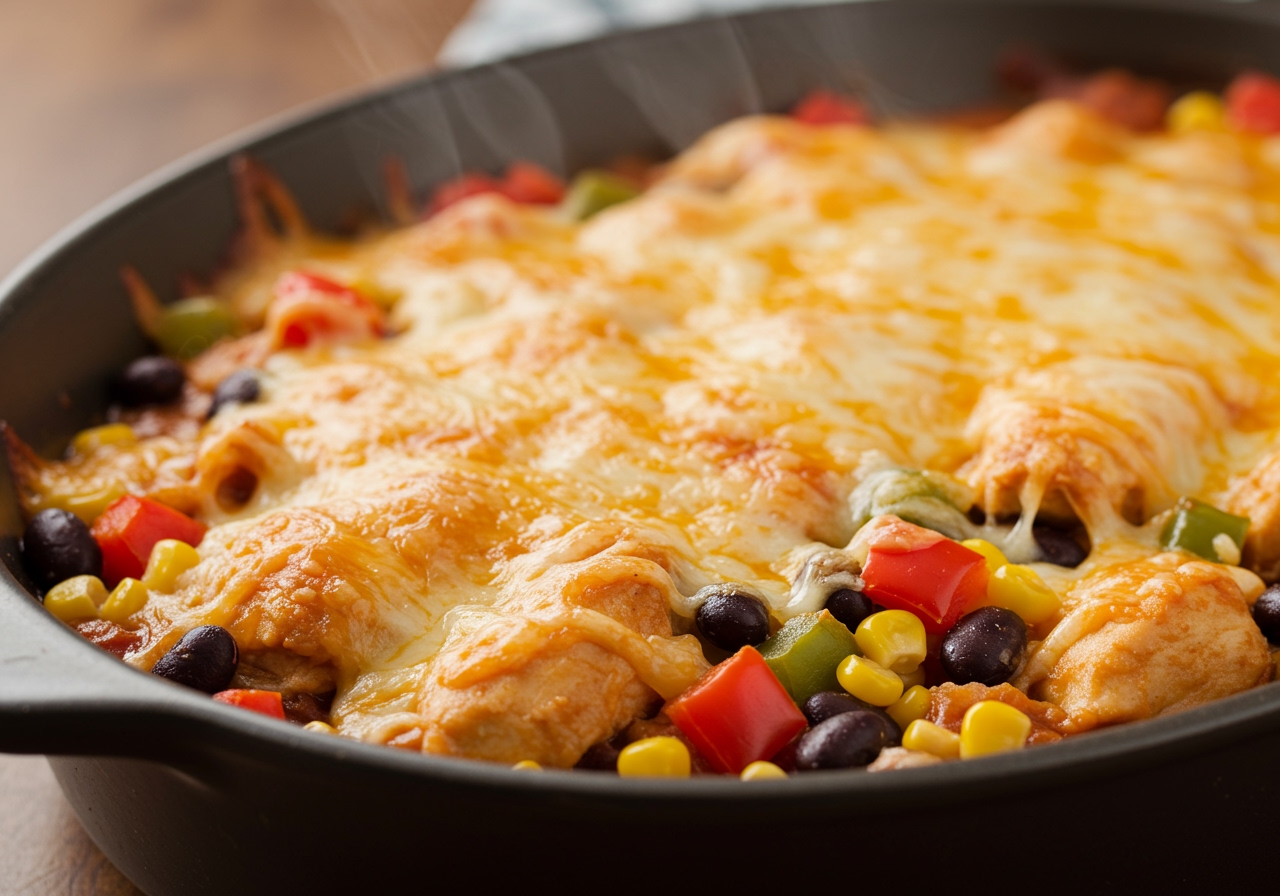 A close-up shot of the Tex-Mex chicken casserole, showing the bubbling cheese and visible pieces of chicken, beans, and corn.