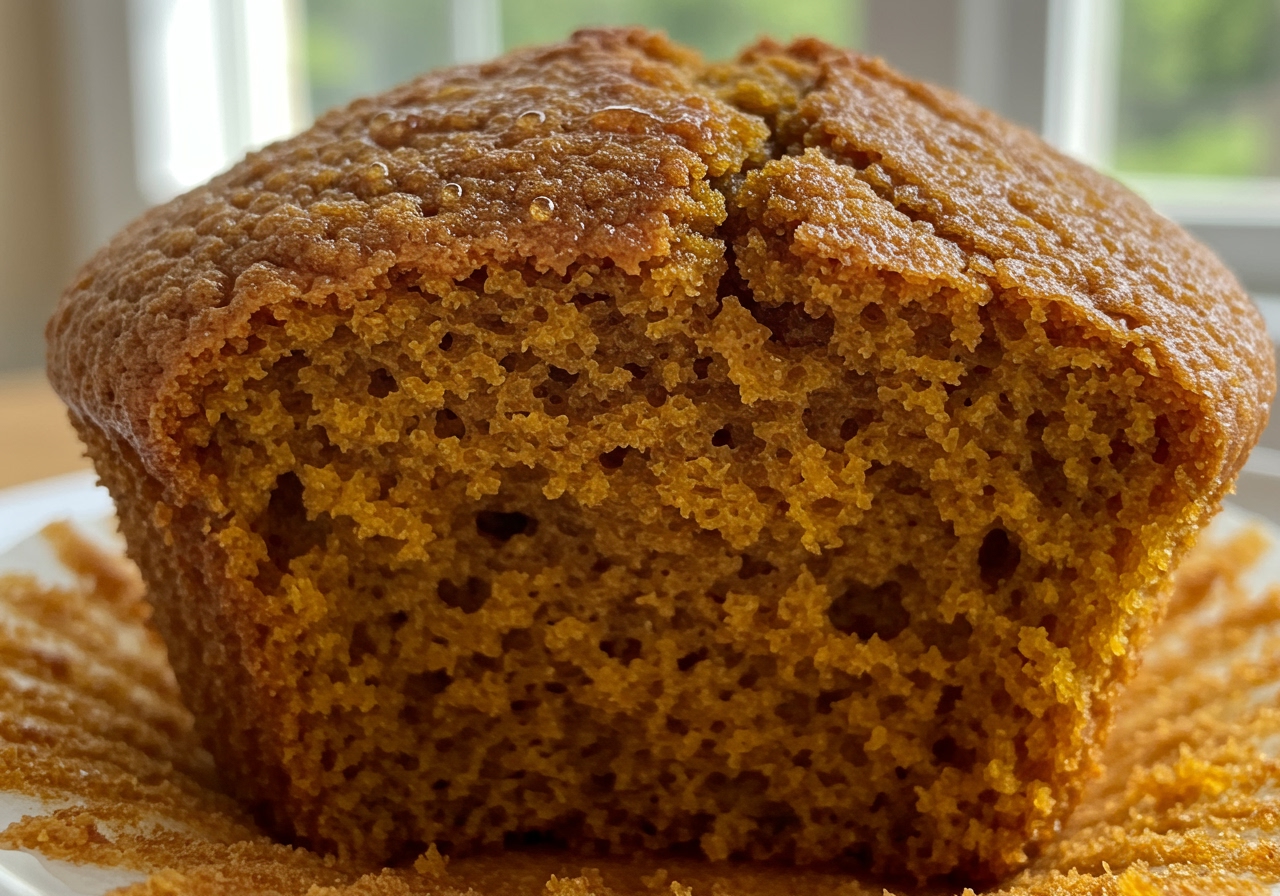 A close-up shot of the texture of a baked pumpkin muffin, showing its moist crumb and golden-brown top.