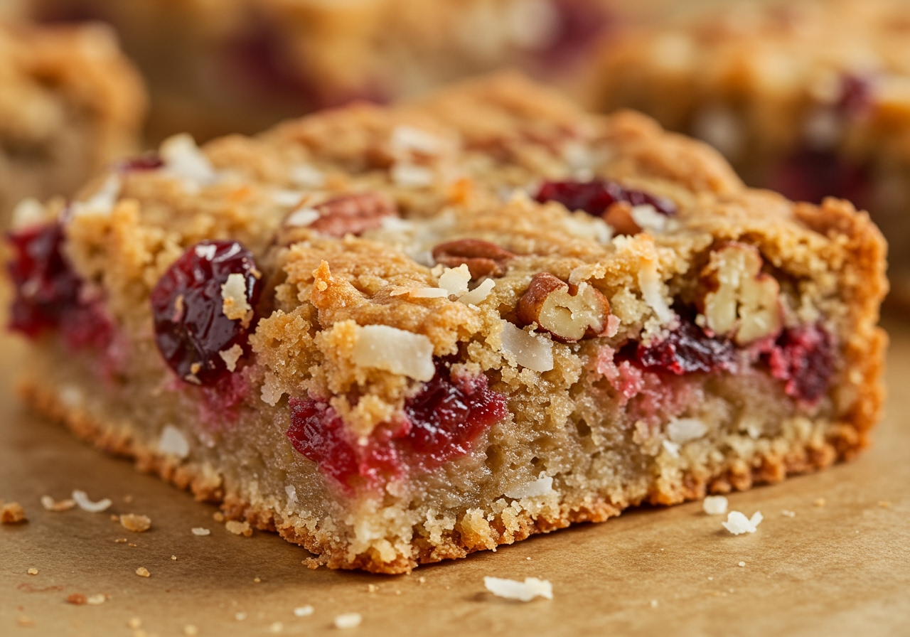 A close-up shot of the texture of a healthy coconut cranberry pecan bar, showing the visible pieces of nuts, cranberries, and coconut.
