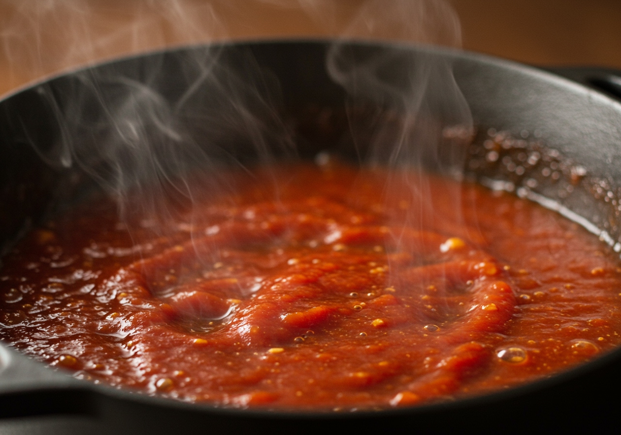 A close-up shot of the tomato-based gravy simmering in a pot, showing the rich color and texture. Steam is gently rising.