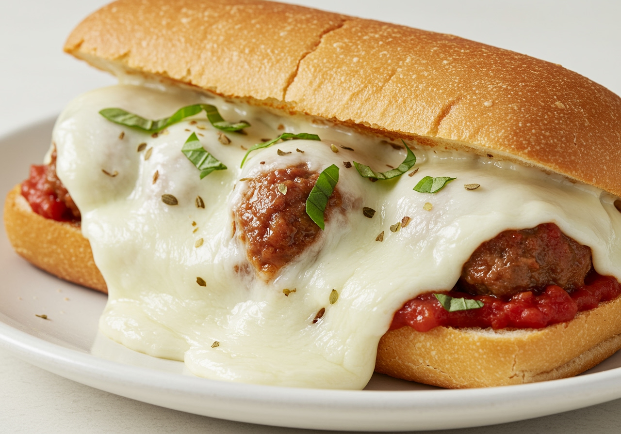A close-up shot of the top of a finished easy meatball sandwich with perfectly melted cheese and a sprinkle of fresh herbs, served on a plate.