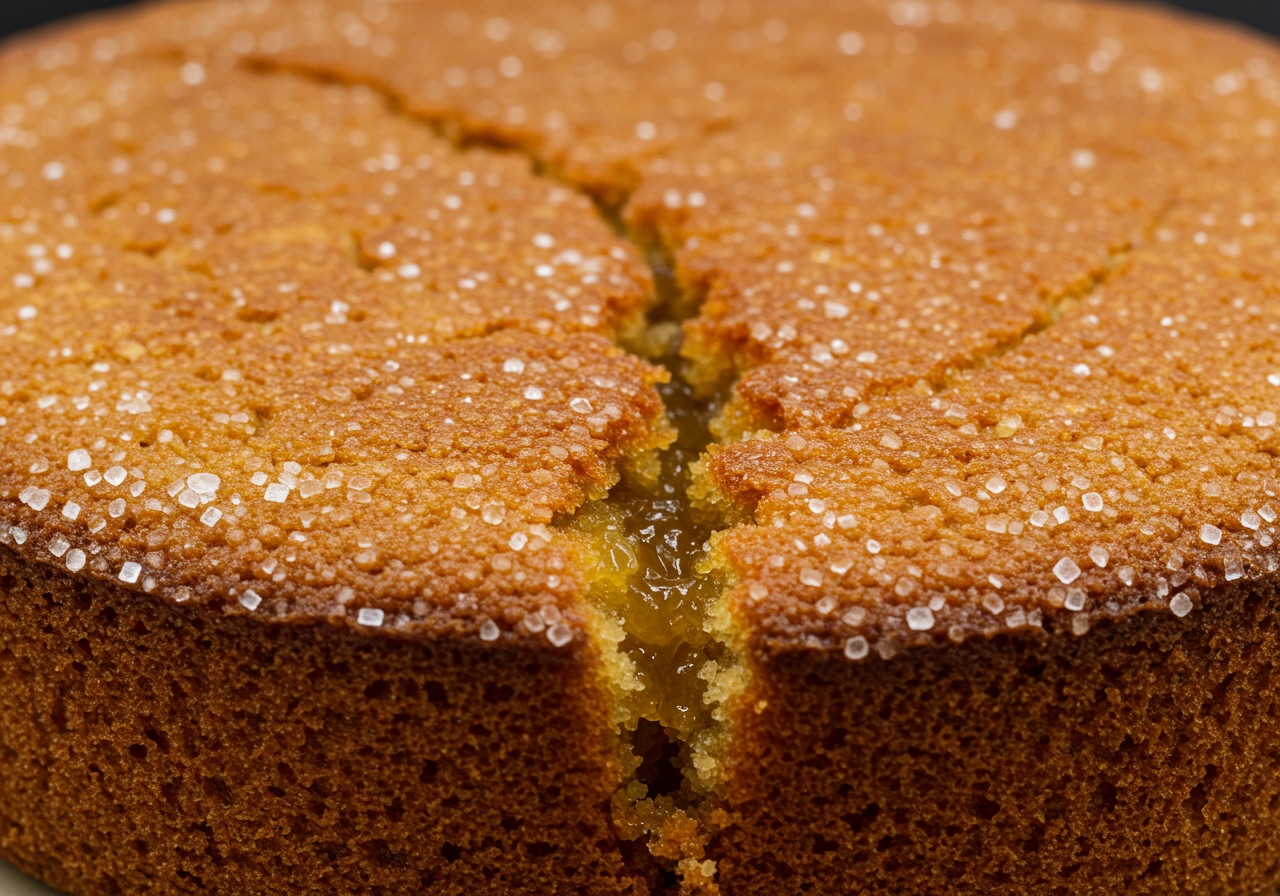 A close-up shot of the top of the baked orange marmalade cake showing the crack down the middle and slightly browned surface.