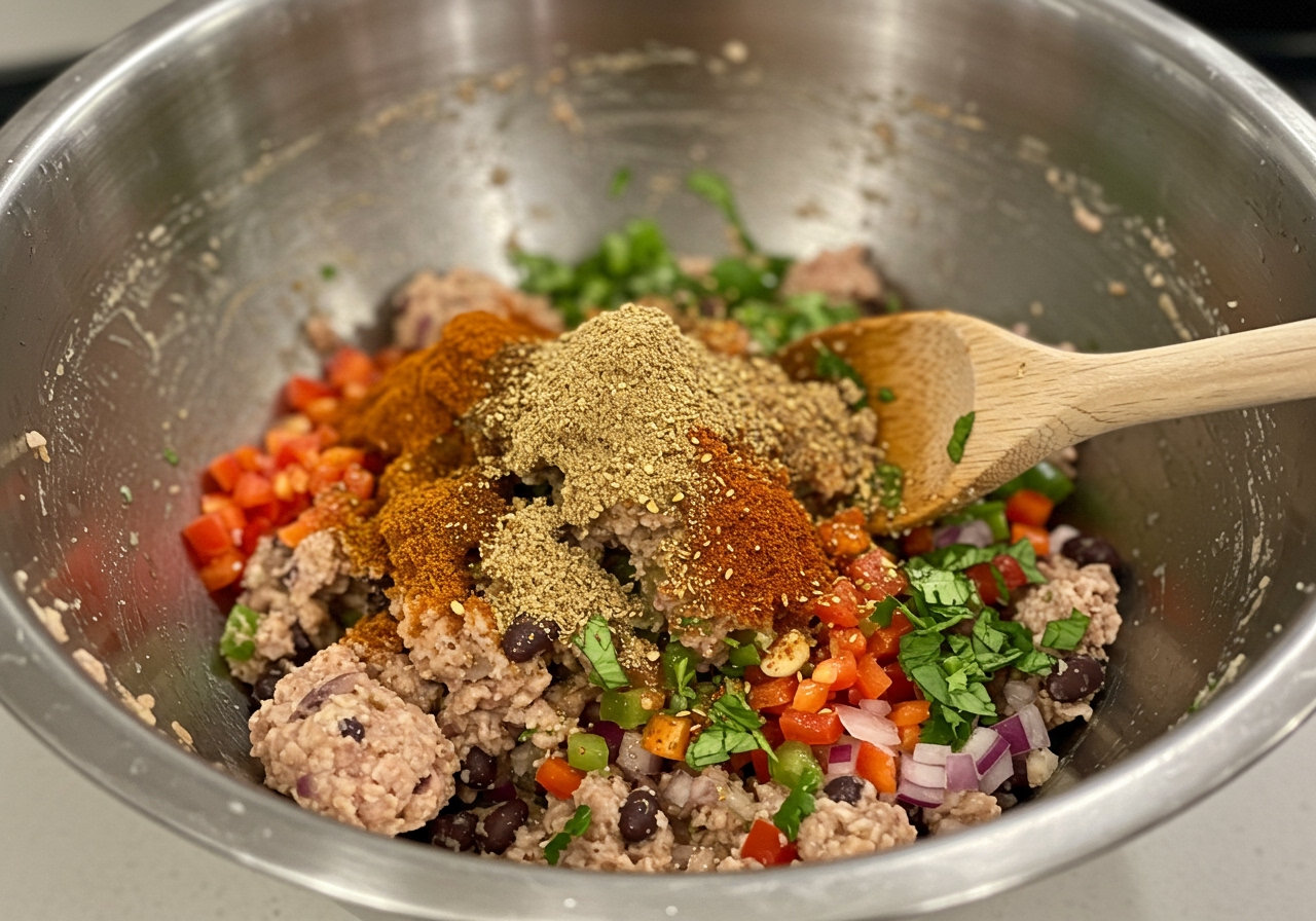 A close-up shot of the turkey and black bean patty mixture being mixed in a bowl with vegetables and spices.