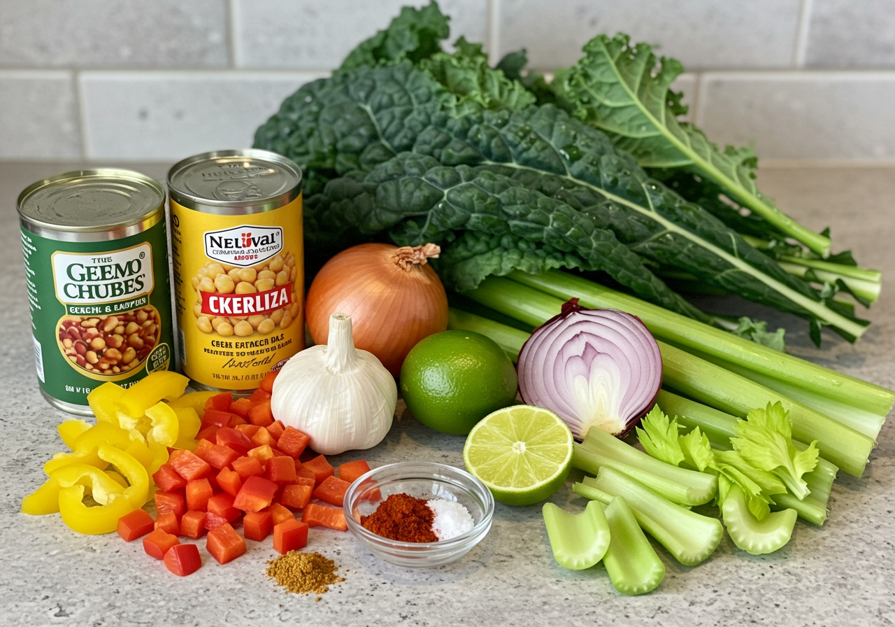 A close-up shot of the vibrant ingredients for the vegan chili laid out on a counter: canned chickpeas, fresh kale leaves, lime, onion, garlic, bell pepper, celery, and spices.