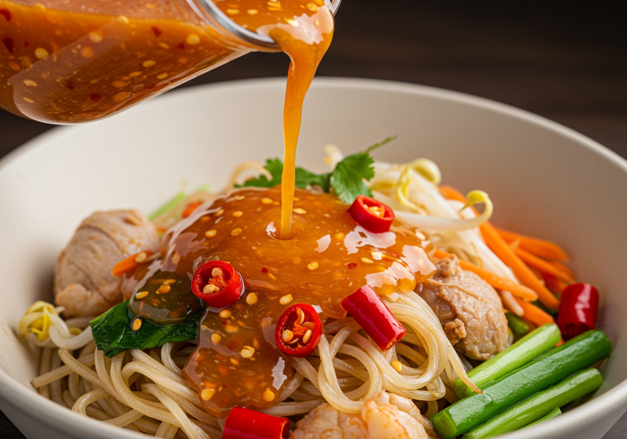 A close-up shot of the Yam Woon Sen dressing being poured over the noodles and ingredients, highlighting the liquid and fresh chilies.