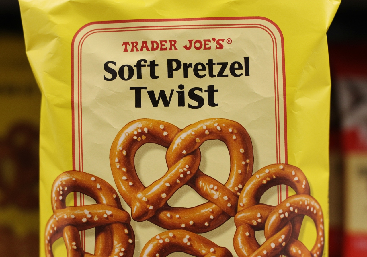 A close-up shot of Trader Joe's Soft Pretzel Twists packaging, emphasizing the product name and image of the pretzels.